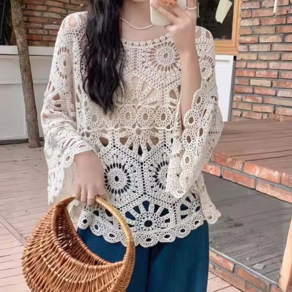Crochet lace top bell sleeve cream beige Elegant Cream Crochet Top